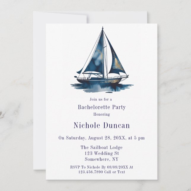 Blue & Gold Sailboat Nautical Bachelorette Party Invitation (Front)