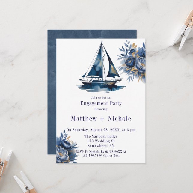 Blue & Gold Sailboat Nautical Engagement Party Invitation (Front/Back In Situ)