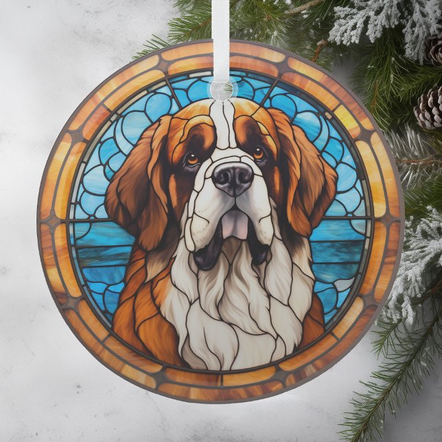 Blue Gold Saint Bernard Dog Stained Glass Tree Decoration (Creator Uploaded)