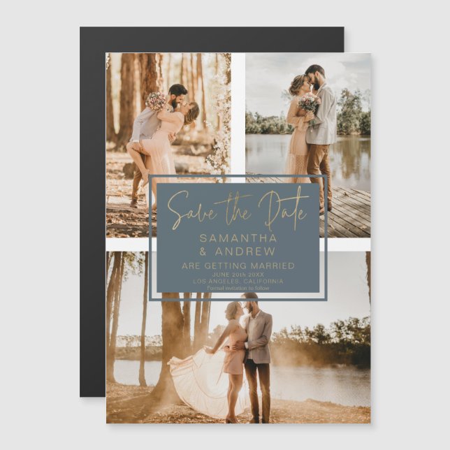 Blue gold save the date 3 photo grid collage (Front/Back)
