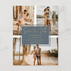 Blue gold save the date 3 photo grid collage postcard