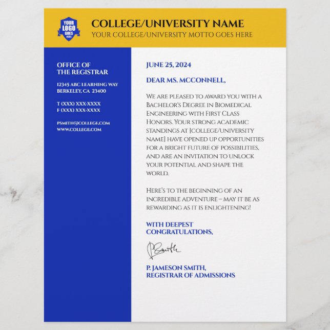Blue Gold School College University Custom Letterhead (Front)