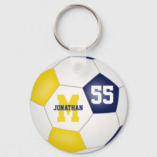 blue gold school colors boys girls soccer ball key ring (Front)