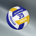 blue gold school colours team gifts volleyball magnet<br><div class="desc">This volleyball themed magnet with custom team colours features the realistic image of a volleyball with blue,  gold and white panels upon which you can customise the player's name & jersey number plus school or club name and mascot name in a varsity letter style font - by katz_d_zynes</div>