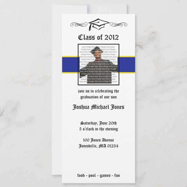 Blue & Gold School Graduation Invitations (Front)