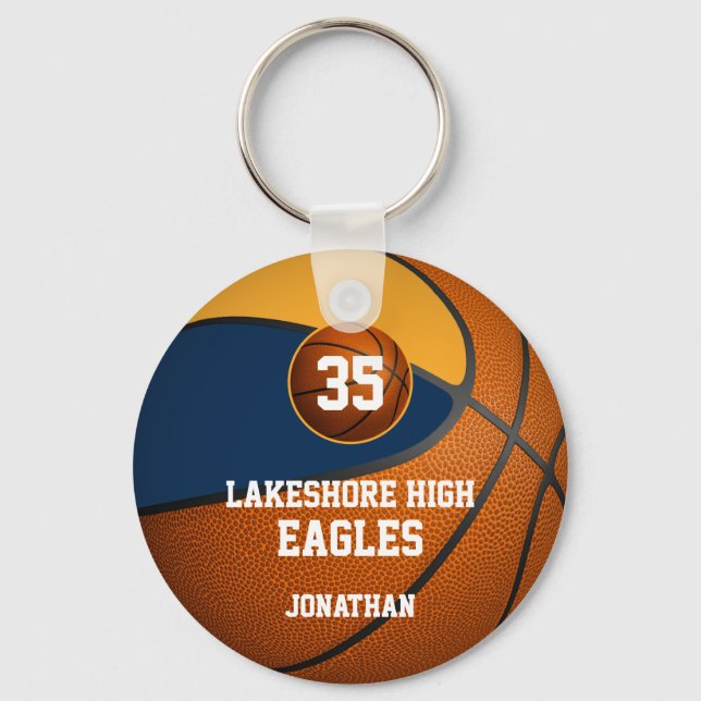 Blue gold school team colours boys' basketball key ring (Front)