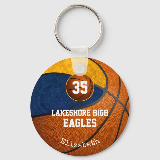 blue gold school team spirit girls' basketball key ring (Front)
