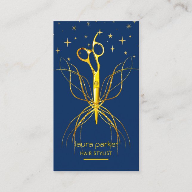 Blue Gold Scissor Hair Stylist Professional  Business Card (Front)