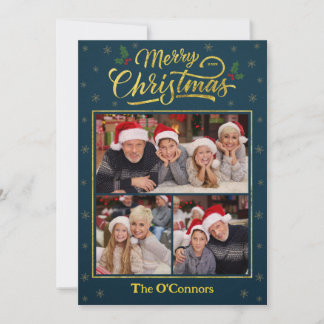 Blue Gold Script Merry Christmas Photo Card