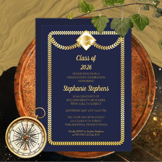 Blue | Gold Serpentine Graduation Party Invitation (Elegant Blue and Gold Serpentine Graduation Party Invitation - Print | Digital Download)
