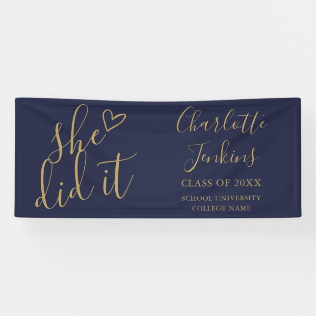 Blue Gold She Did It Script Heart Graduation Party Banner (Horizontal)