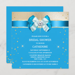 Blue gold shimmer bow sparkle glitter invitation