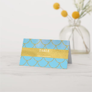 Blue Gold Shimmer Mermaid Party Table Number Place Card