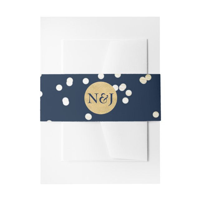 Blue & Gold Shiny Confetti Dots Modern Invitation Invitation Belly Band (Front Example)