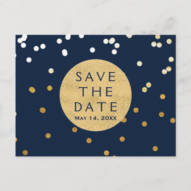 Blue & Gold Shiny Confetti Dots Save The Date Announcement Postcard (Front)