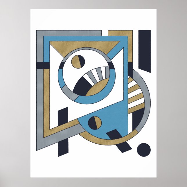 Blue, Gold, Silver Avant Garde Geometric Abstract  Poster (Front)