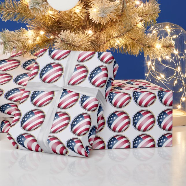 Blue Gold, Silver Framed USA Flag Globe Pattern Wrapping Paper (Holidays)