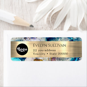 Blue Gold Silver glitter logo return address label