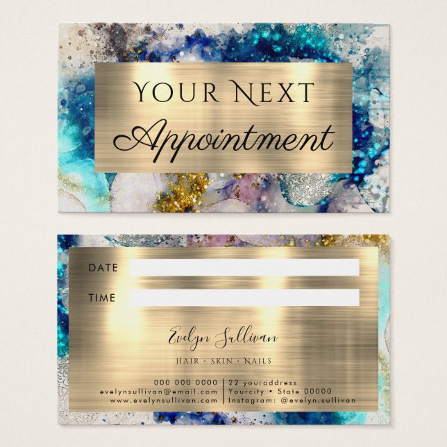 Blue gold silver glitter watercolor appointment  (Front & Back)