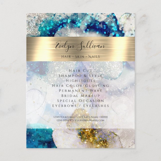 Blue gold silver glitter watercolor flyer (Front)