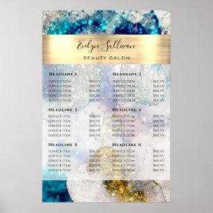 Blue gold silver glitter watercolor Price List Poster