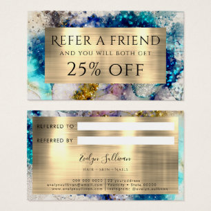 Blue gold silver glitter watercolor Referral card
