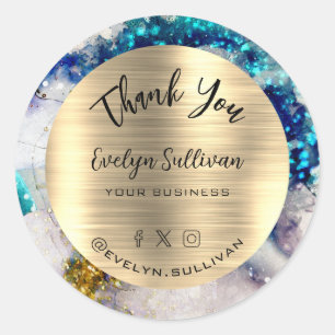 Blue gold silver glitter watercolor Thank You  Classic Round Sticker