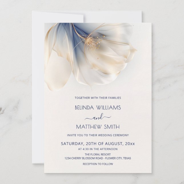 Blue Gold Smoky Watercolor Flower Wedding Invitation (Front)