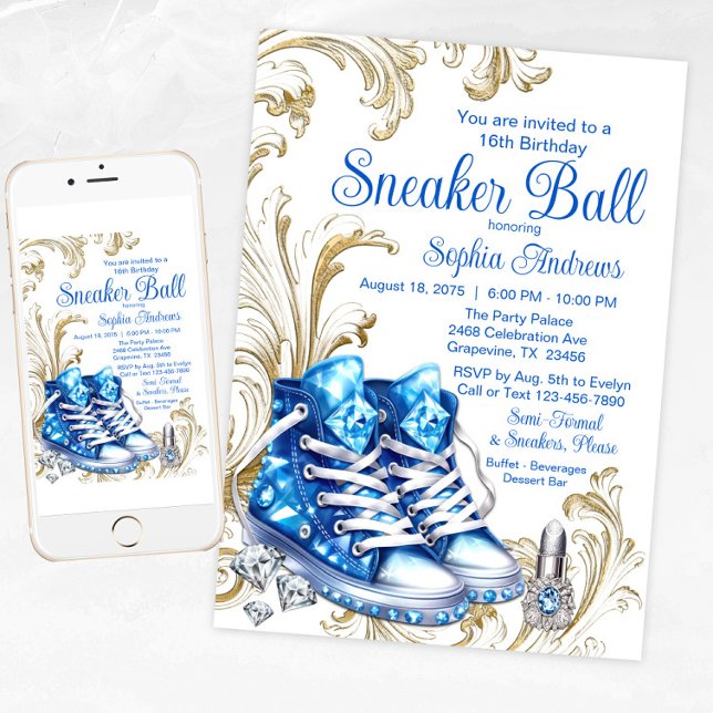 Blue Gold Sneaker Ball Birthday Party Invitation (Girl Blue Gold Sneaker Ball Invitation with diamond sneakers.)