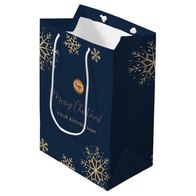 Blue Gold Snowflake Custom Company Logo Christmas  Medium Gift Bag (Front Angled)