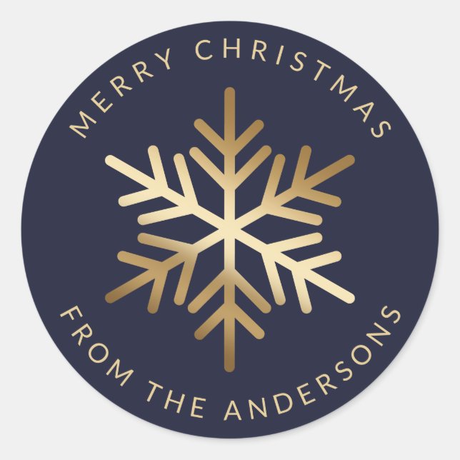 Blue Gold Snowflake Family Merry Christmas Classic Round Sticker (Front)
