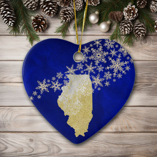 Blue Gold Snowflake Illinois Heart Ceramic Tree Decoration