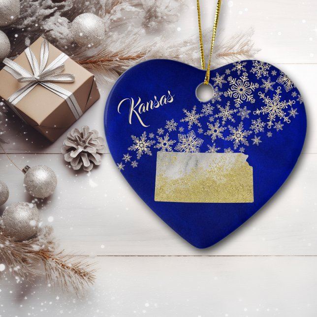 Blue Gold Snowflake Kansas Heart Ceramic Tree Decoration (Creator Uploaded)