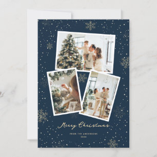 Blue Gold Snowflake Photo Merry Christmas Card