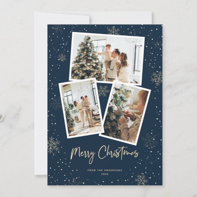 Blue Gold Snowflake Photo Merry Christmas Card (Front)