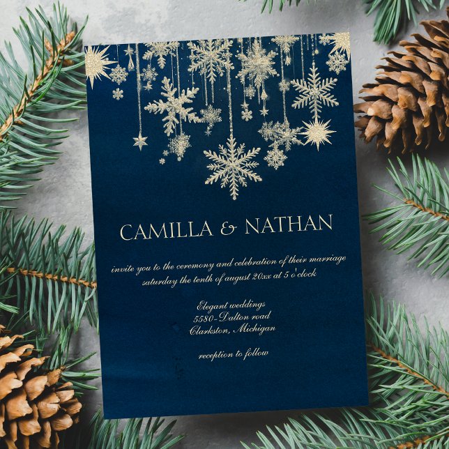 Blue gold snowflake winter wonderland Wedding Invitation (Blue gold snowflake winter wonderland Wedding )