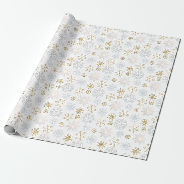 Blue & Gold Snowflake Winter Wrapping Paper (Unrolled)