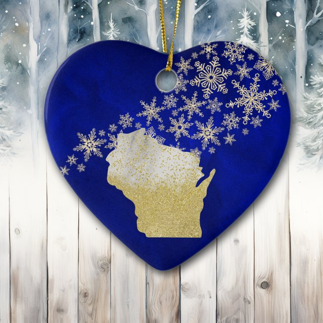 Blue Gold Snowflake Wisconsin Heart Ceramic Tree Decoration (Creator Uploaded)