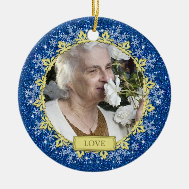 Blue Gold Snowflakes Memorial Photo Christmas Ceramic Tree Decoration (Front)