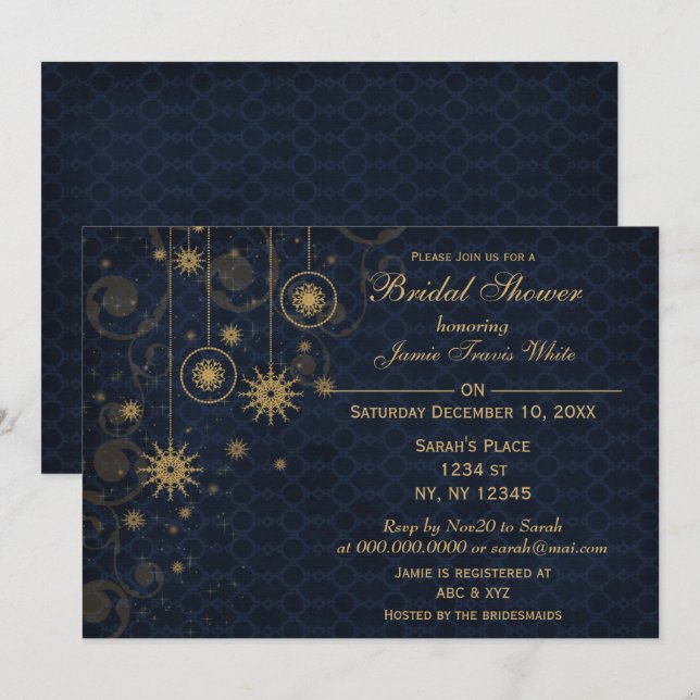 blue gold Snowflakes Winter Bridal Shower Invite (Front/Back)
