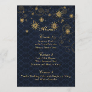 blue gold Snowflakes Winter wedding menu cards