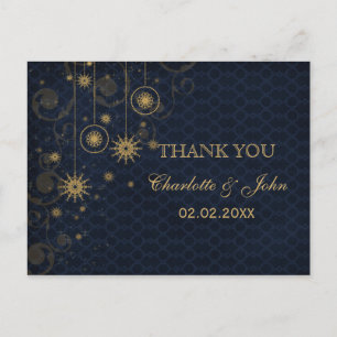 blue gold Snowflakes Winter wedding Thank You Postcard