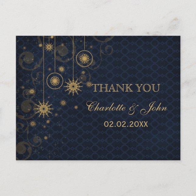 blue gold Snowflakes Winter wedding Thank You Postcard (Front)