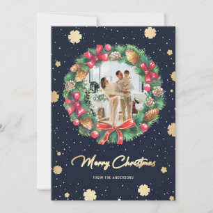 Blue Gold Snowflakes Wreath Photo Holiday Card