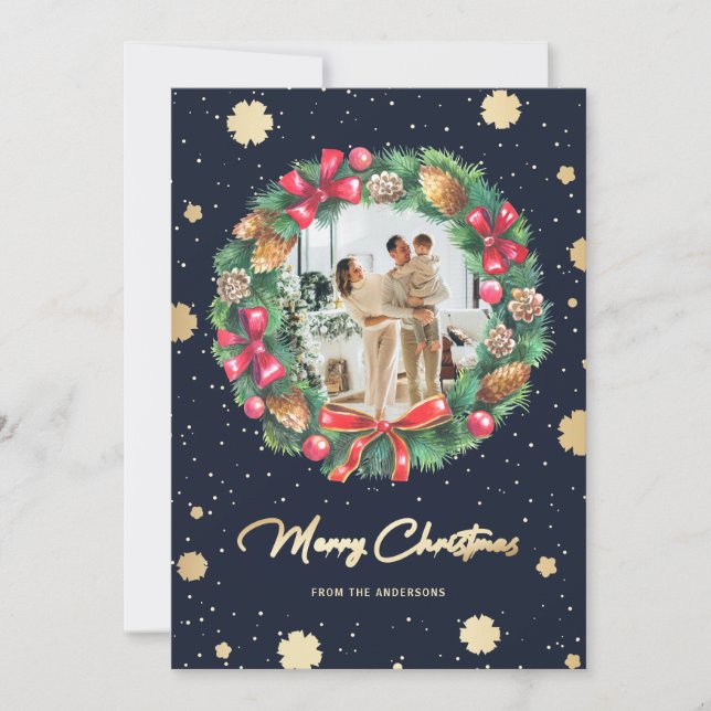 Blue Gold Snowflakes Wreath Photo Holiday Card (Front)