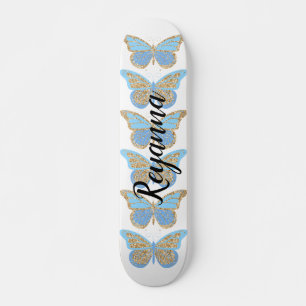 Blue Gold Sparkle Butterflies Personalised Skateboard