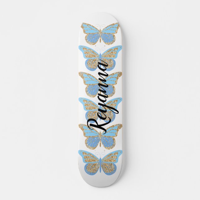 Blue Gold Sparkle Butterflies Personalised Skateboard (Front)
