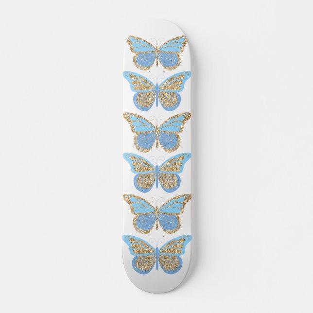 Blue Gold Sparkle Butterflies Skateboard (Front)