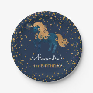 Blue & Gold Sparkle Confetti Unicorn 1st Birthday Paper Plate