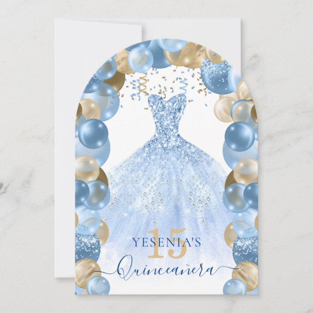 Blue Gold Sparkle Dress Quinceañera Balloon Invitation (Front)